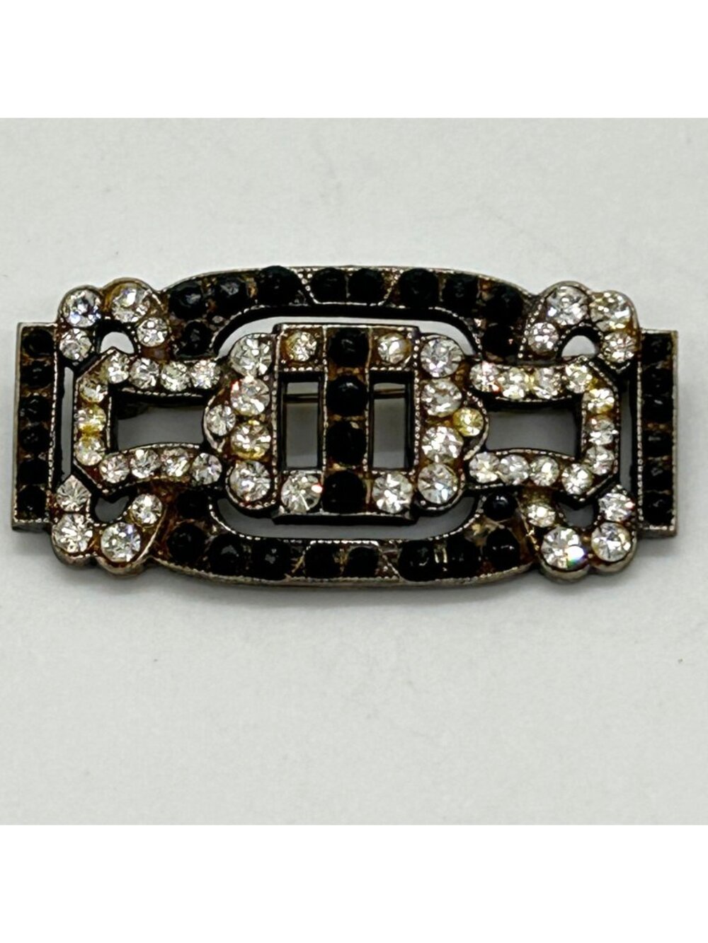 Vintage Art Deco Style Rhinestone Brooch Silver Tone GeometricTrombone Clasp - Picture 1 of 13